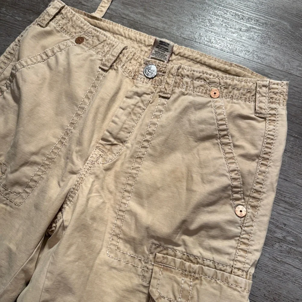 True Religion Cargo Shorts Mens 34 Cotton Big T Stitch Khaki Relaxed Y2K 36x12